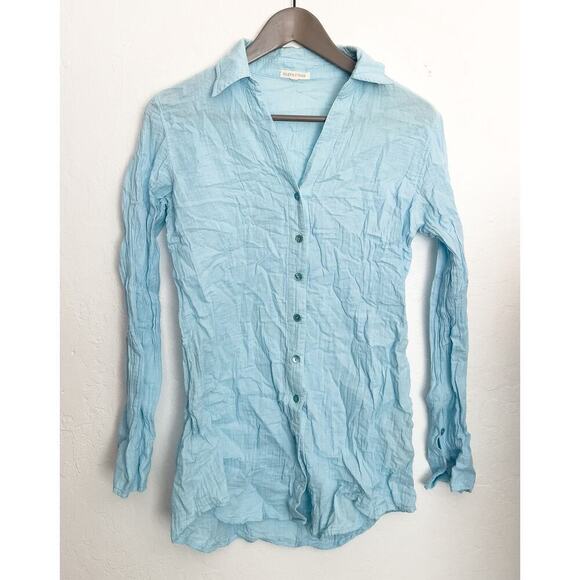 Eileen Fisher Button Down Long Sleeve Shirt Collar Cotton Crinkle XS Blue Aqua - Picture 1 of 5